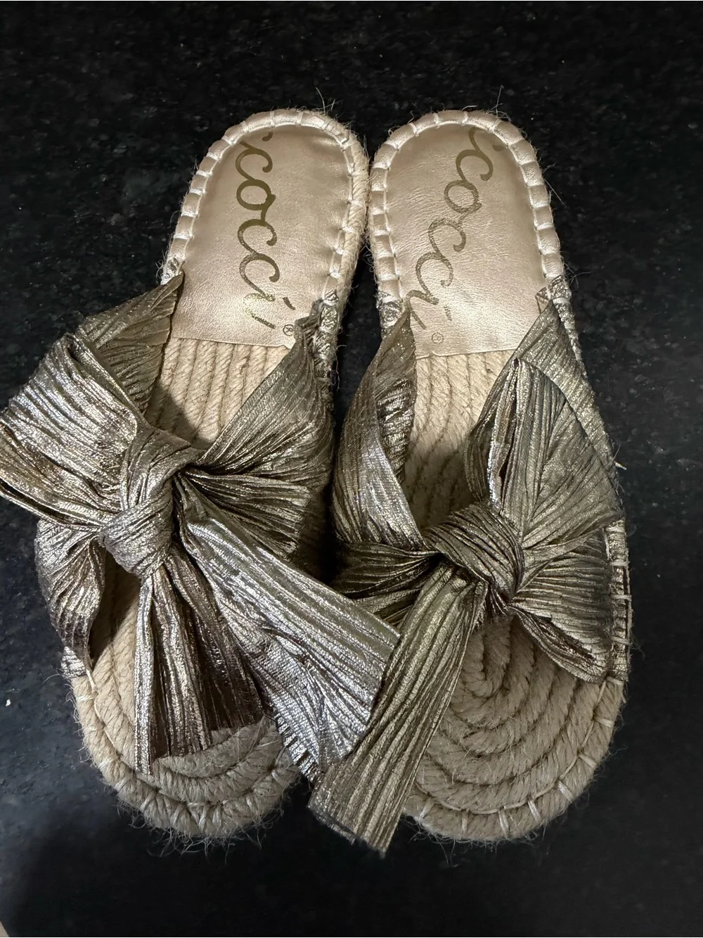 CCOCCI Metallic Gold Bow Espadrille Slide Sandals